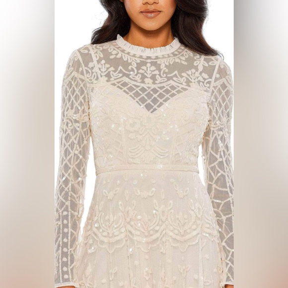 MAC DUGGAL 9142
Nude Sequined Illusion High Neck Long Sleeve Midi Dress - Picture 1 of 14